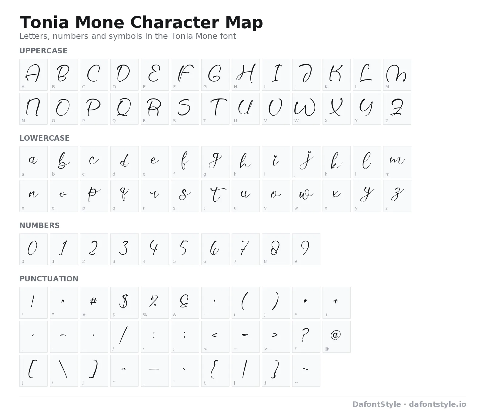 Tonia Mone font character map with uppercase and lowercase letters, numbers and symbols
