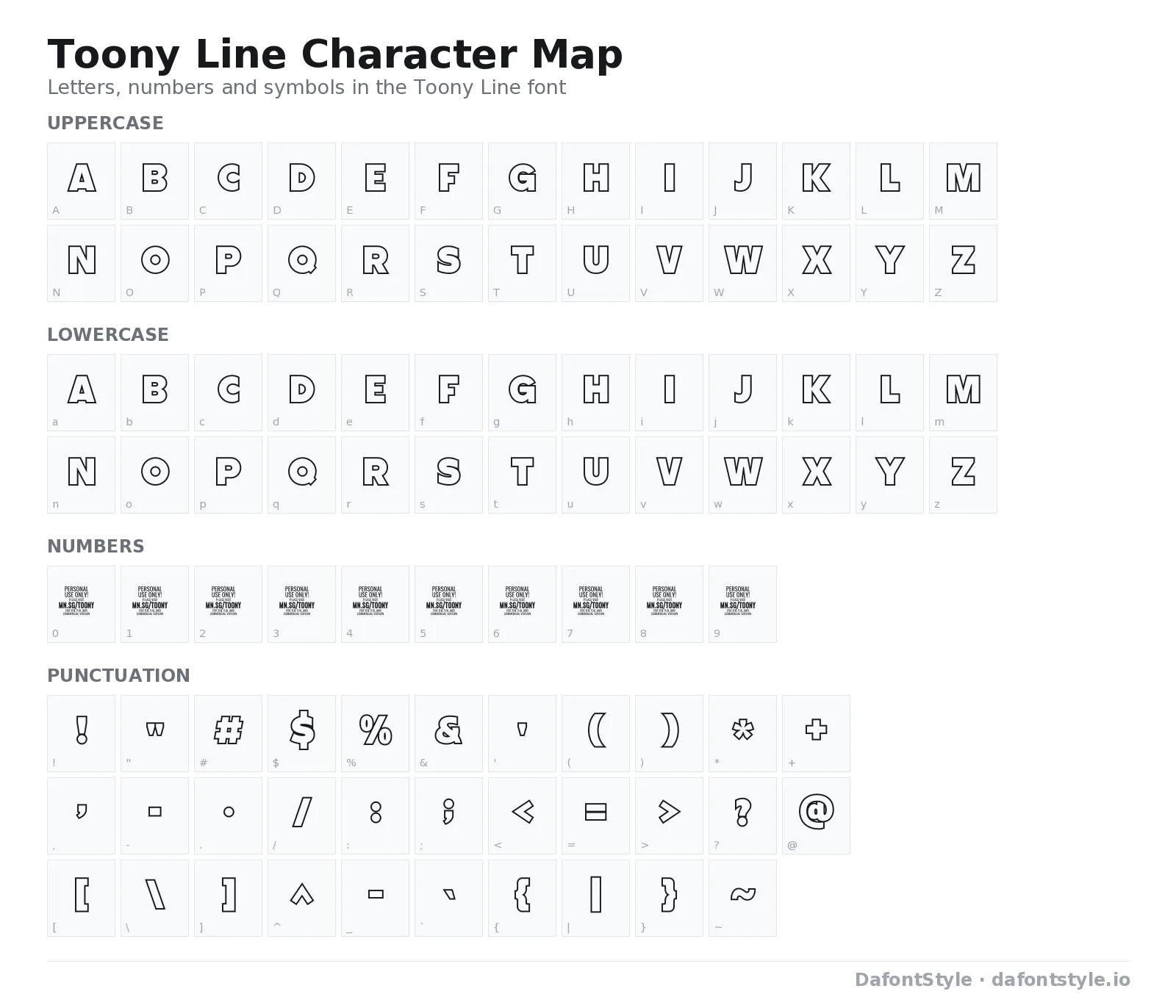 Toony Line font character map with uppercase and lowercase letters, numbers and symbols