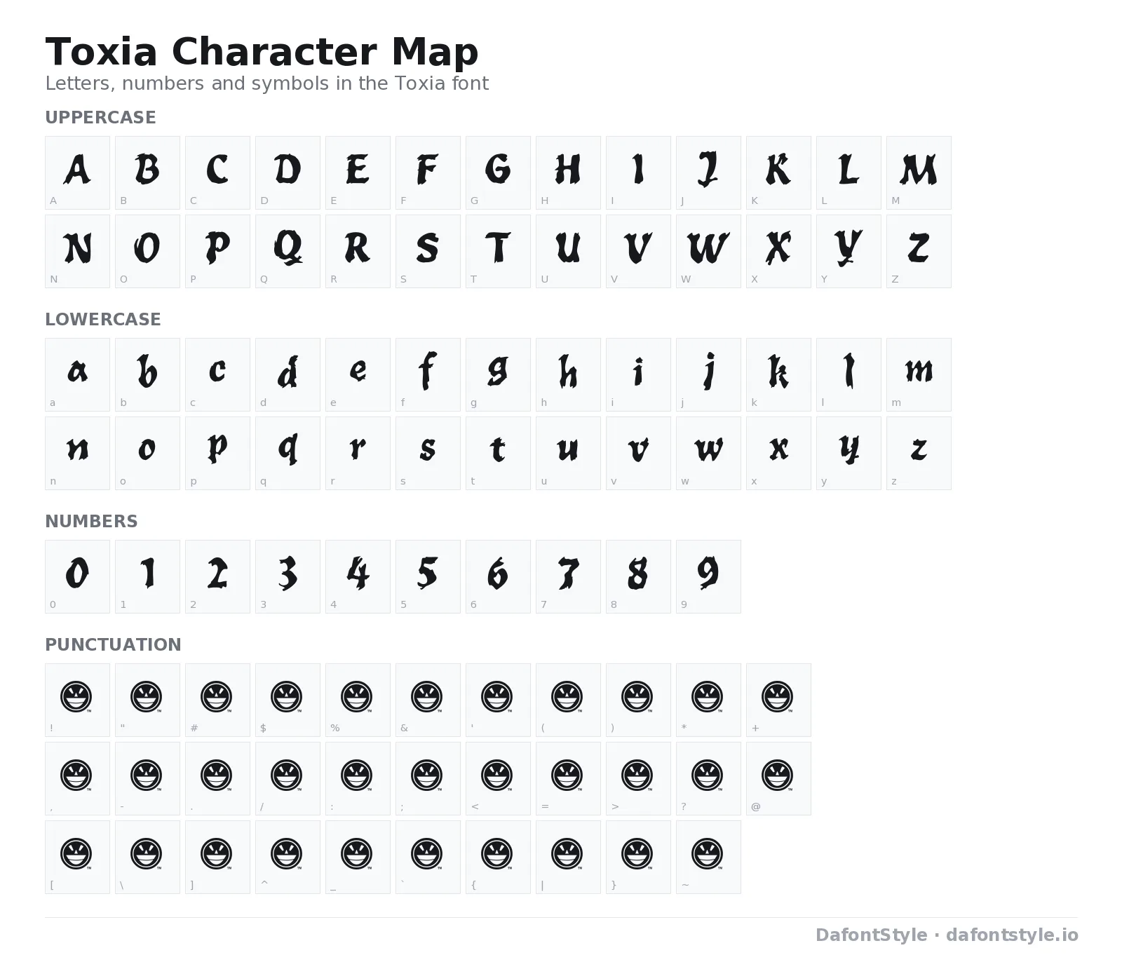 Toxia font character map with uppercase and lowercase letters, numbers and symbols