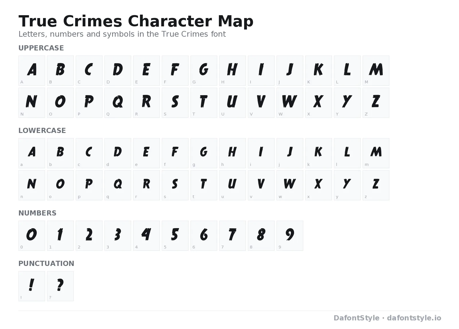 True Crimes font character map with uppercase and lowercase letters, numbers and symbols