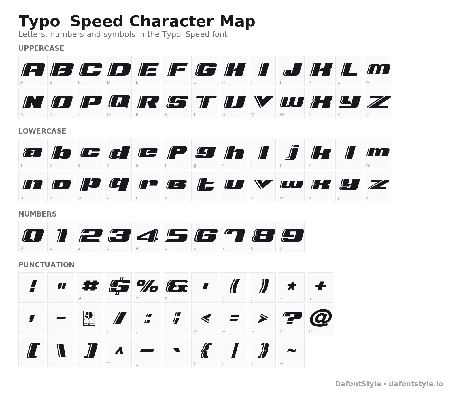 Typo Speed font character map with uppercase and lowercase letters, numbers and symbols