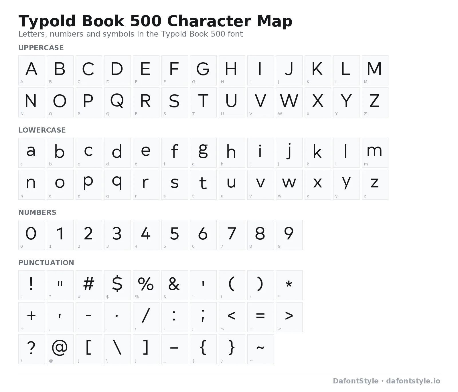 Typold Book 500 font character map with uppercase and lowercase letters, numbers and symbols