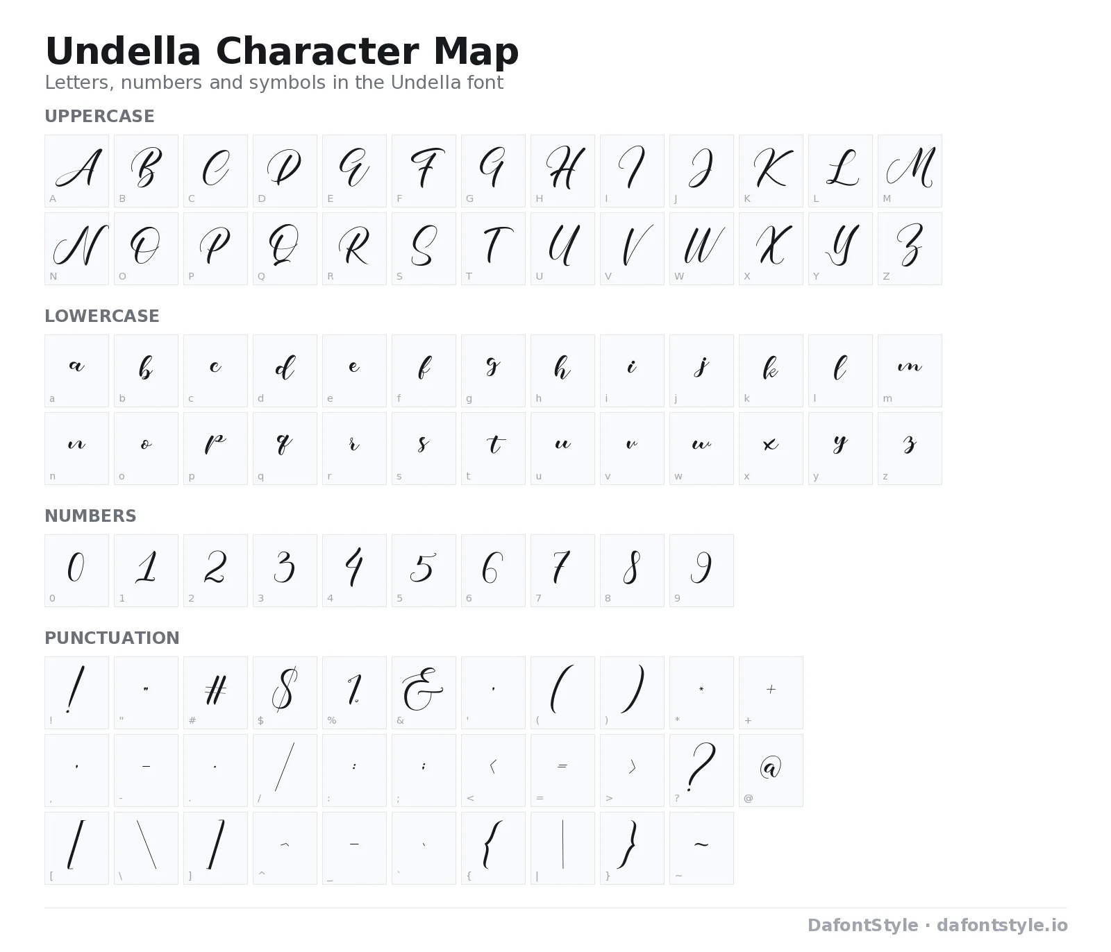 Undella font character map with uppercase and lowercase letters, numbers and symbols