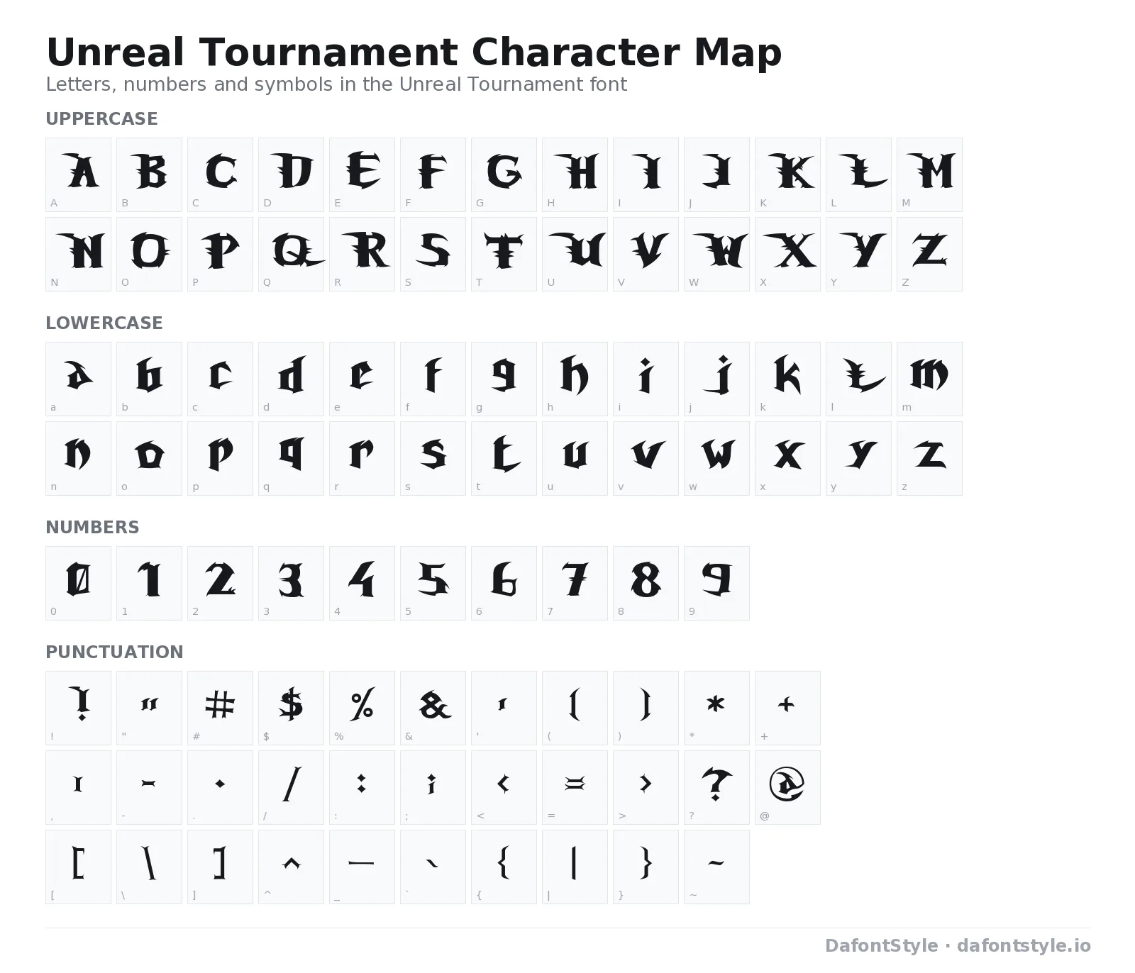 Unreal Tournament font character map with uppercase and lowercase letters, numbers and symbols