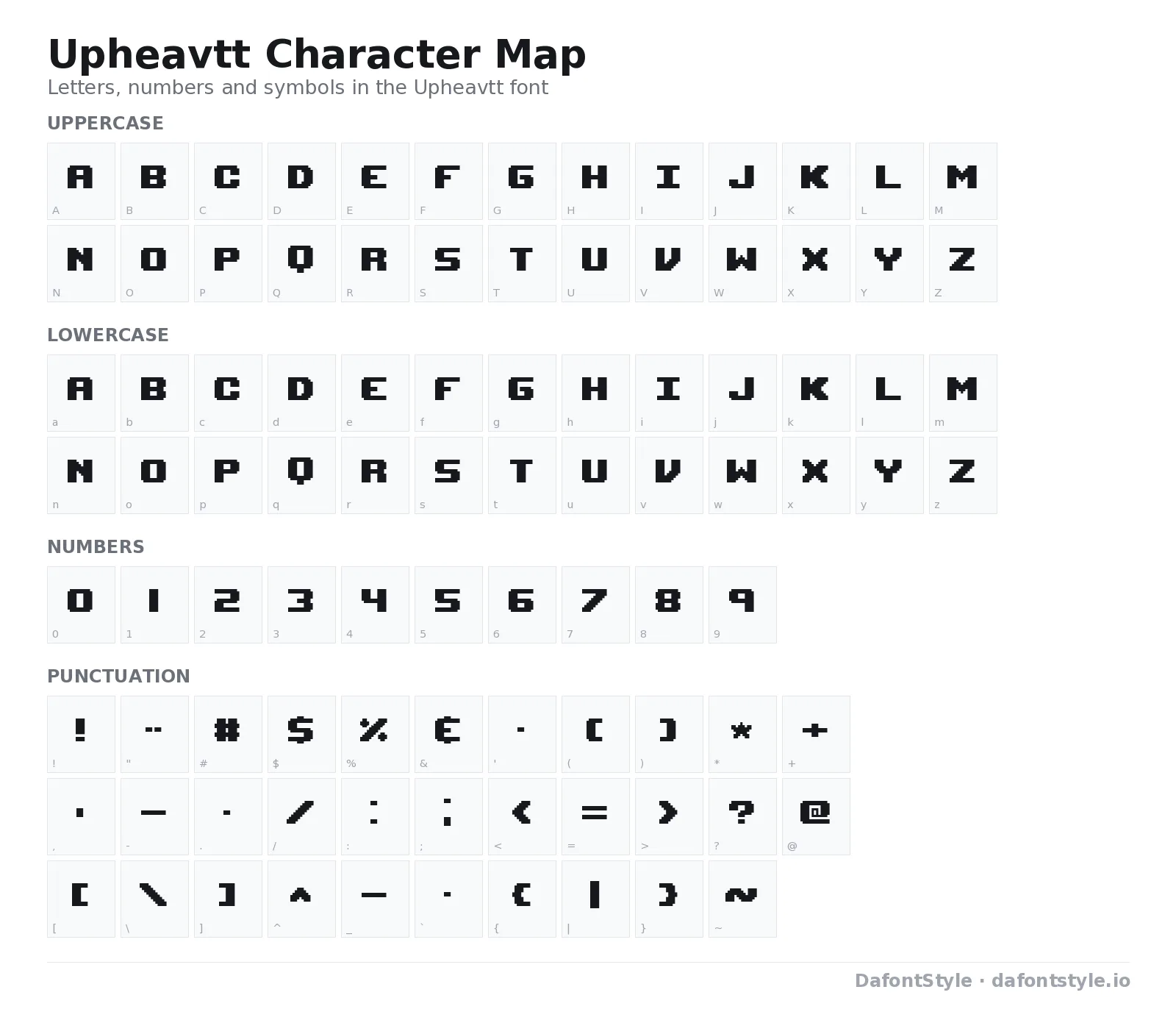 Upheavtt font character map with uppercase and lowercase letters, numbers and symbols