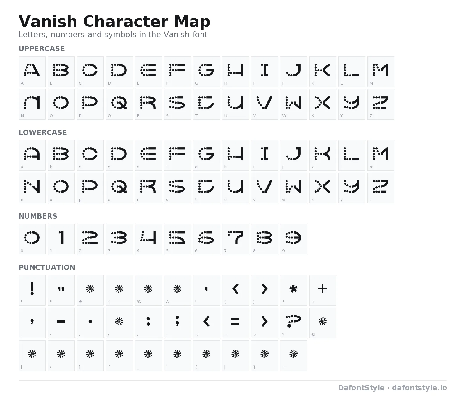 Vanish font character map with uppercase and lowercase letters, numbers and symbols
