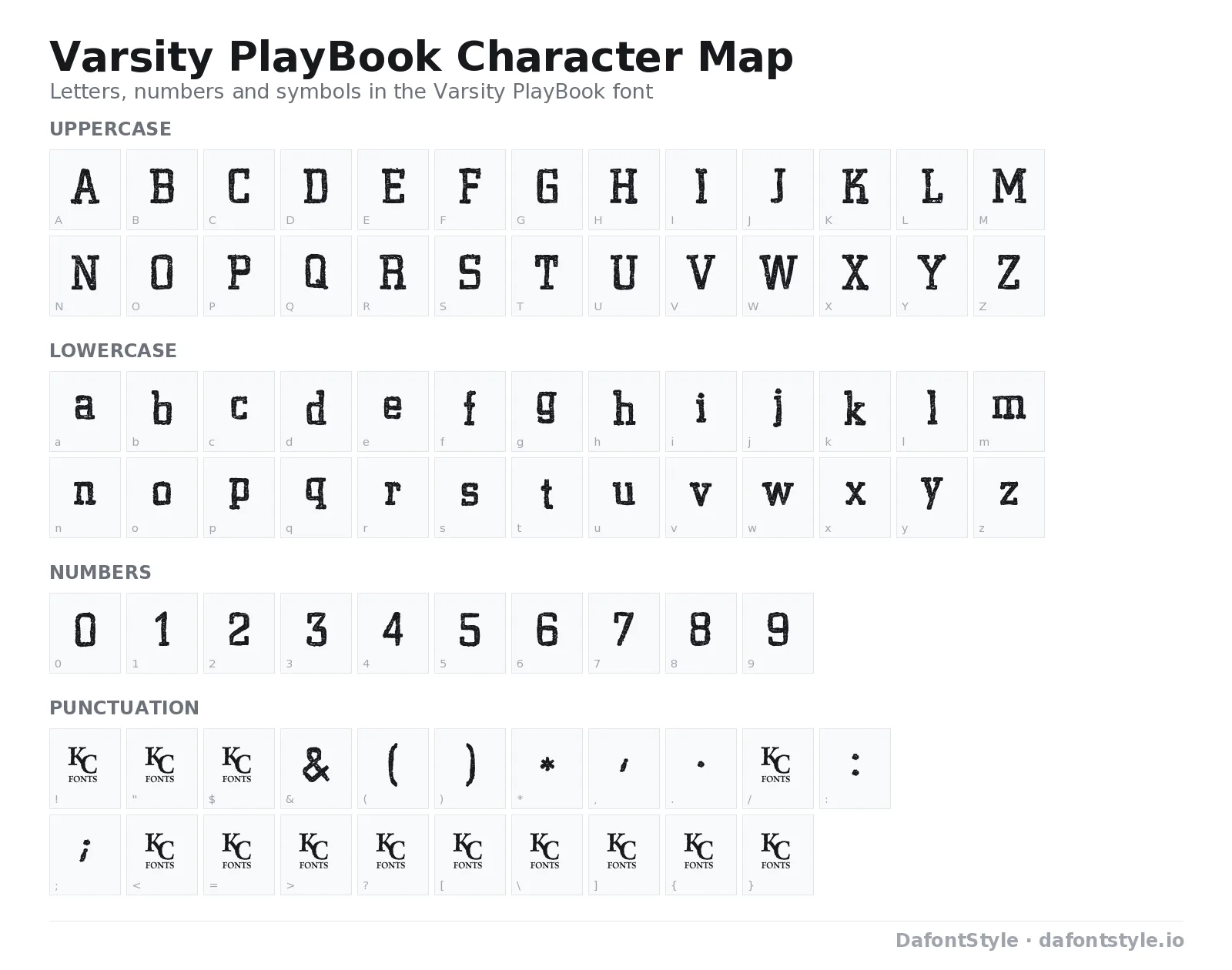Varsity PlayBook font character map with uppercase and lowercase letters, numbers and symbols