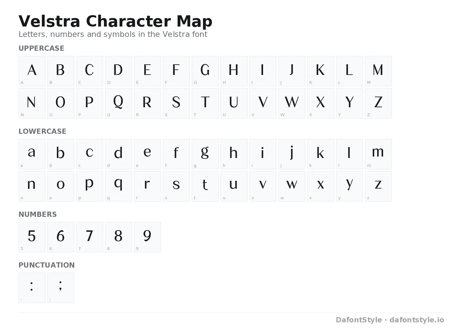 Velstra font character map with uppercase and lowercase letters, numbers and symbols