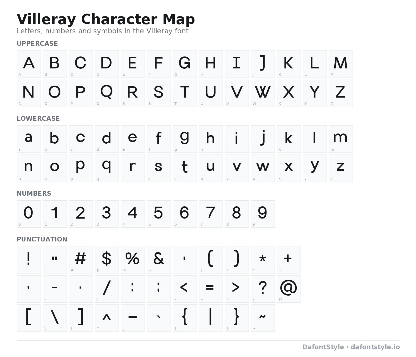 Villeray font character map with uppercase and lowercase letters, numbers and symbols