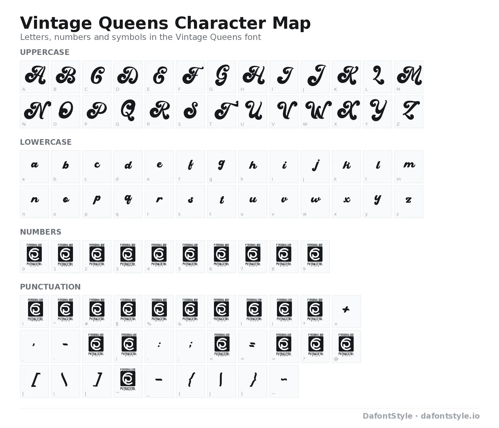 Vintage Queens font character map with uppercase and lowercase letters, numbers and symbols