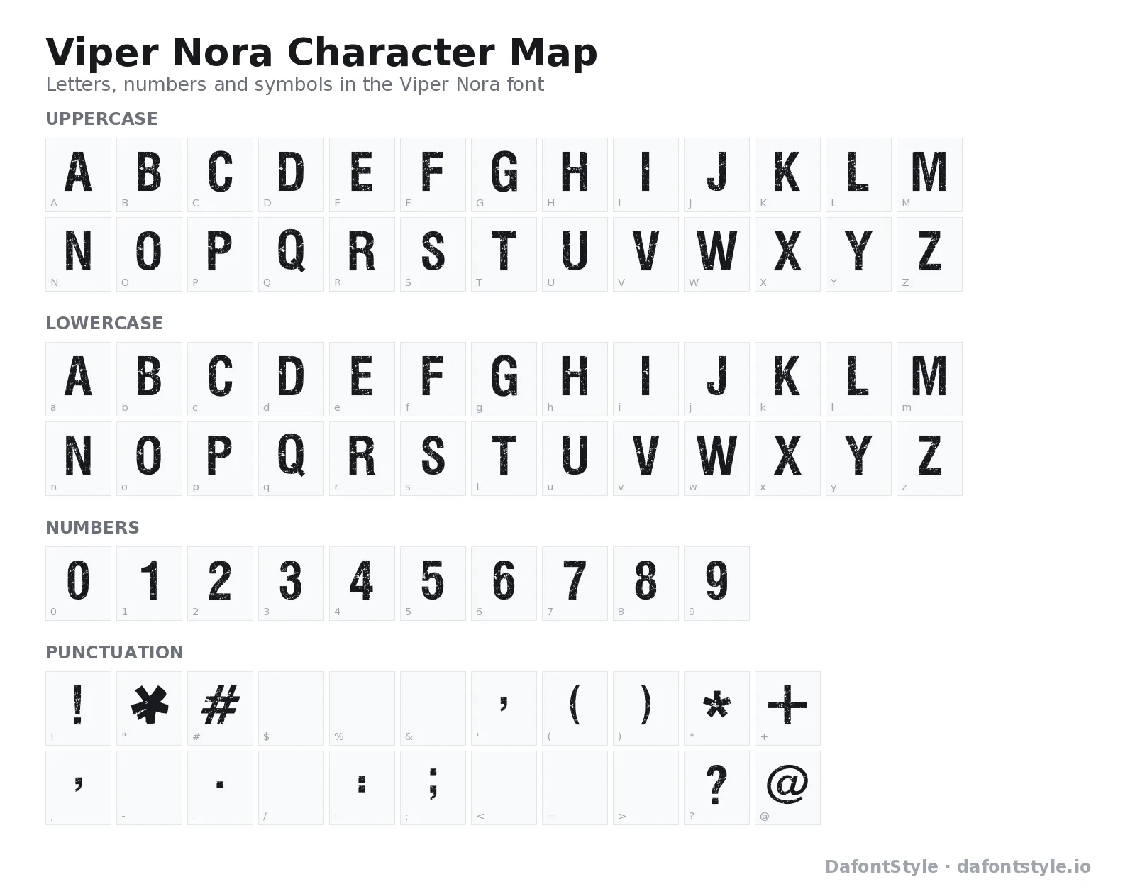 Viper Nora font character map with uppercase and lowercase letters, numbers and symbols