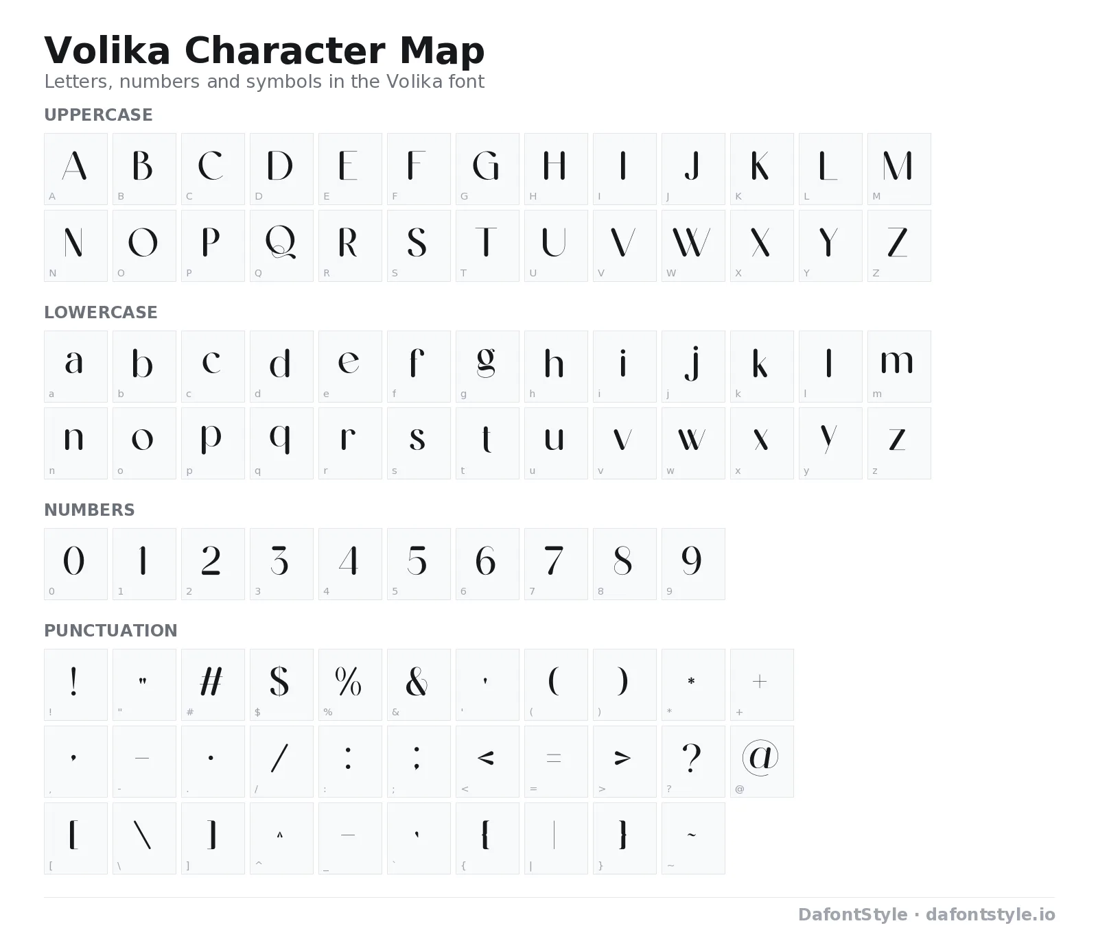 Volika font character map with uppercase and lowercase letters, numbers and symbols