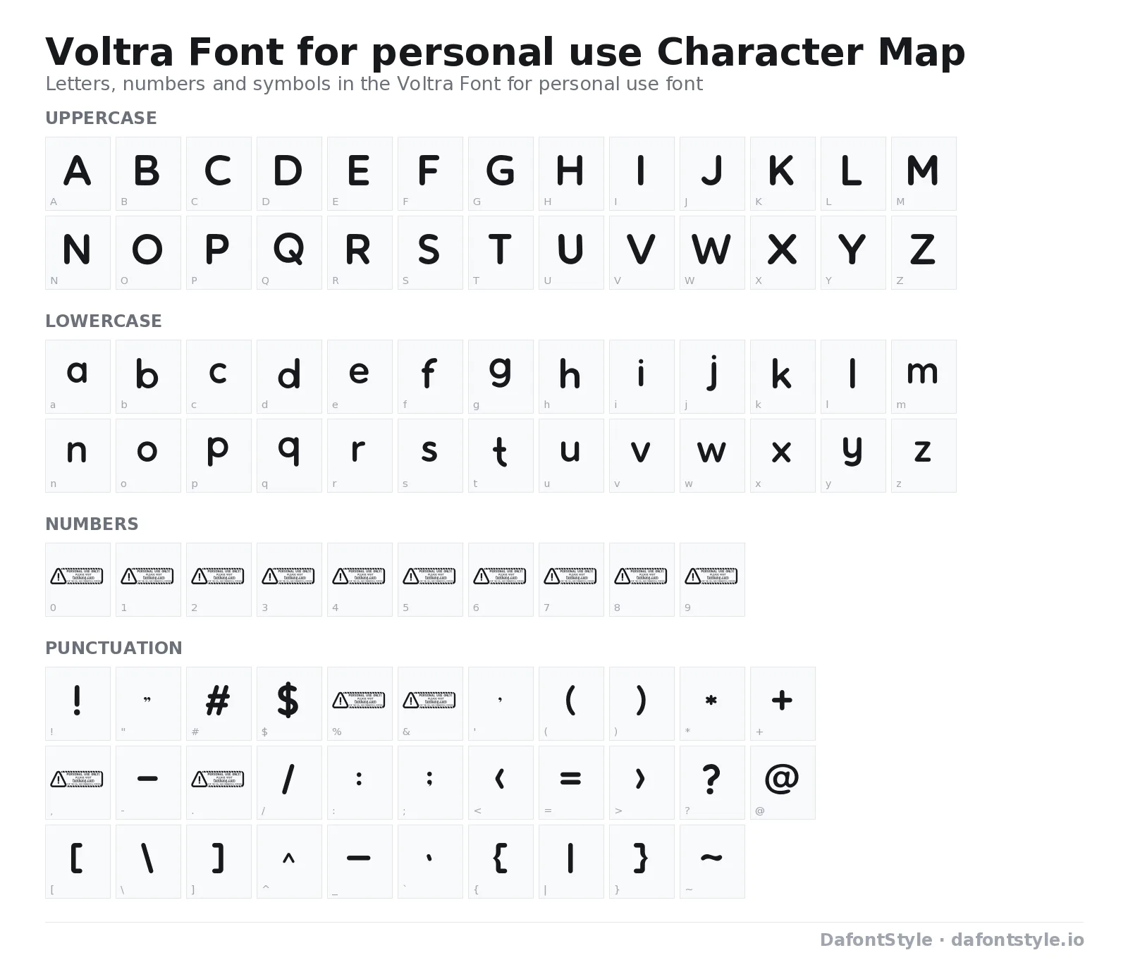 Voltra Font for personal use font character map with uppercase and lowercase letters, numbers and symbols