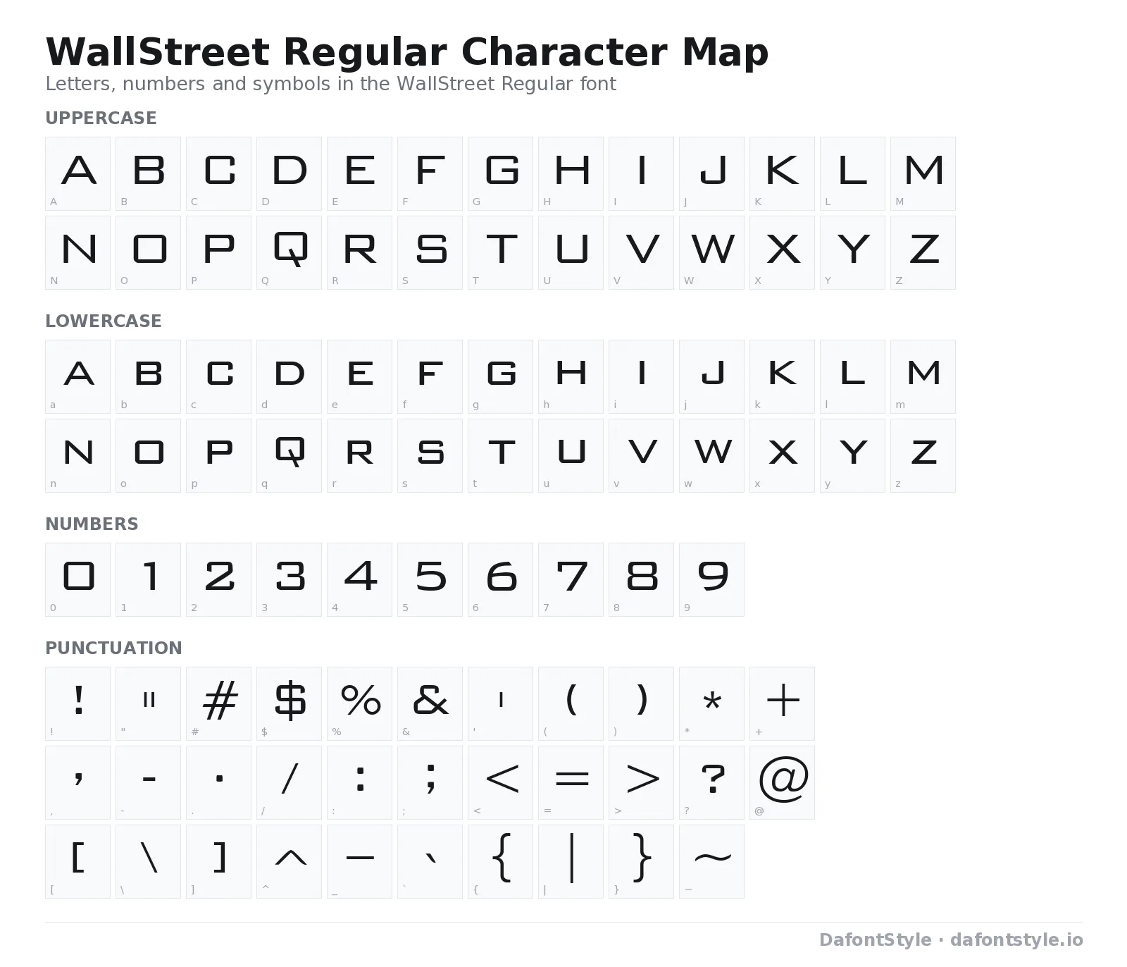 WallStreet Regular font character map with uppercase and lowercase letters, numbers and symbols