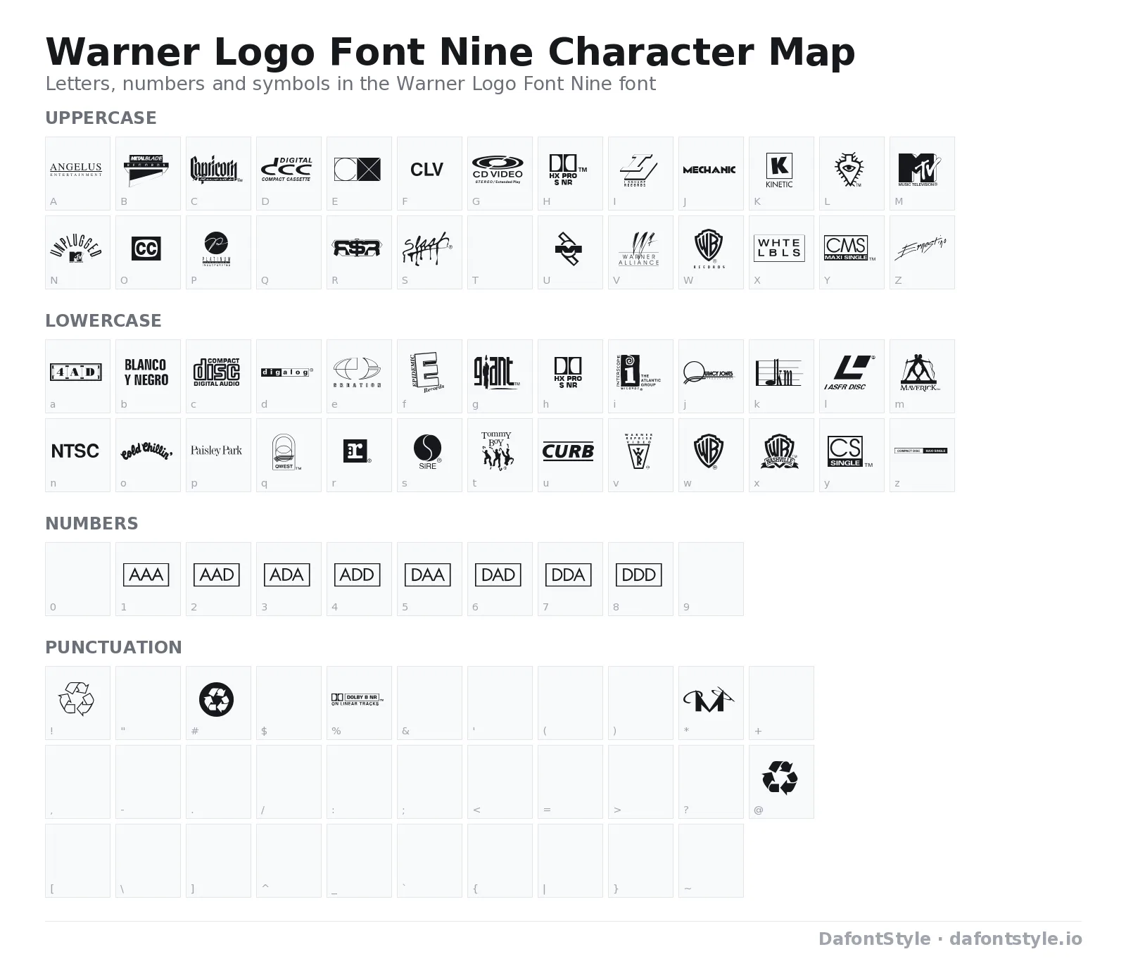 Warner Logo Font Nine font character map with uppercase and lowercase letters, numbers and symbols