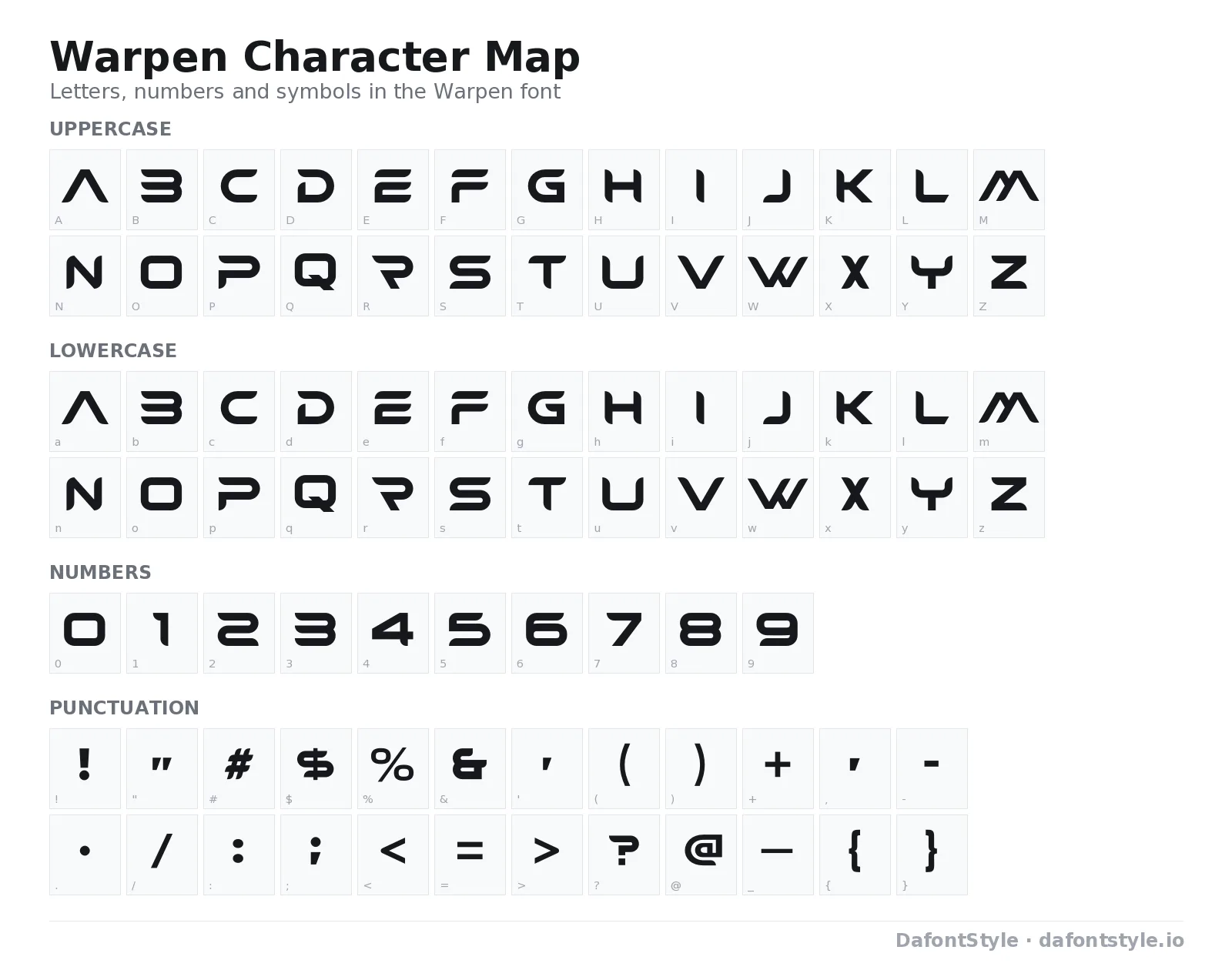 Warpen font character map with uppercase and lowercase letters, numbers and symbols