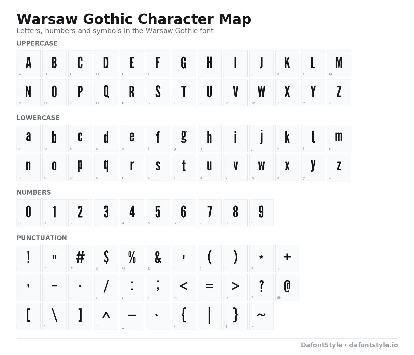 Warsaw Gothic font character map with uppercase and lowercase letters, numbers and symbols