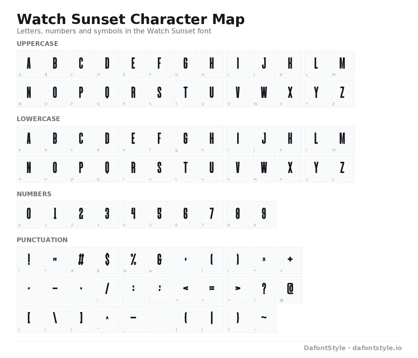 Watch Sunset font character map with uppercase and lowercase letters, numbers and symbols