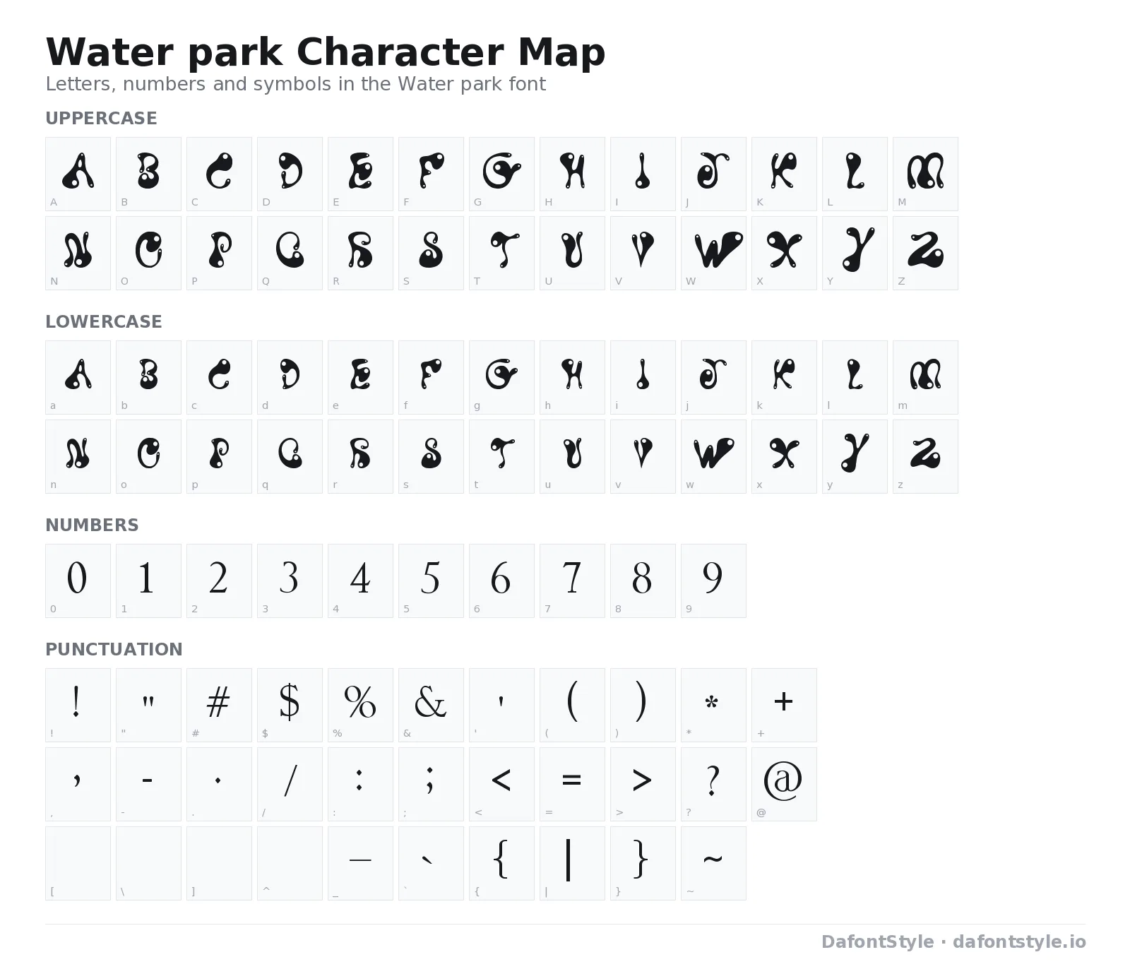 Water park font character map with uppercase and lowercase letters, numbers and symbols