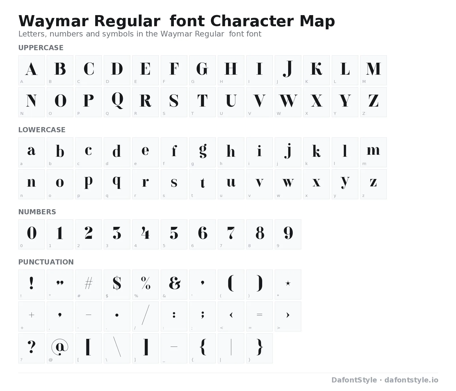 Waymar Regular font font character map with uppercase and lowercase letters, numbers and symbols