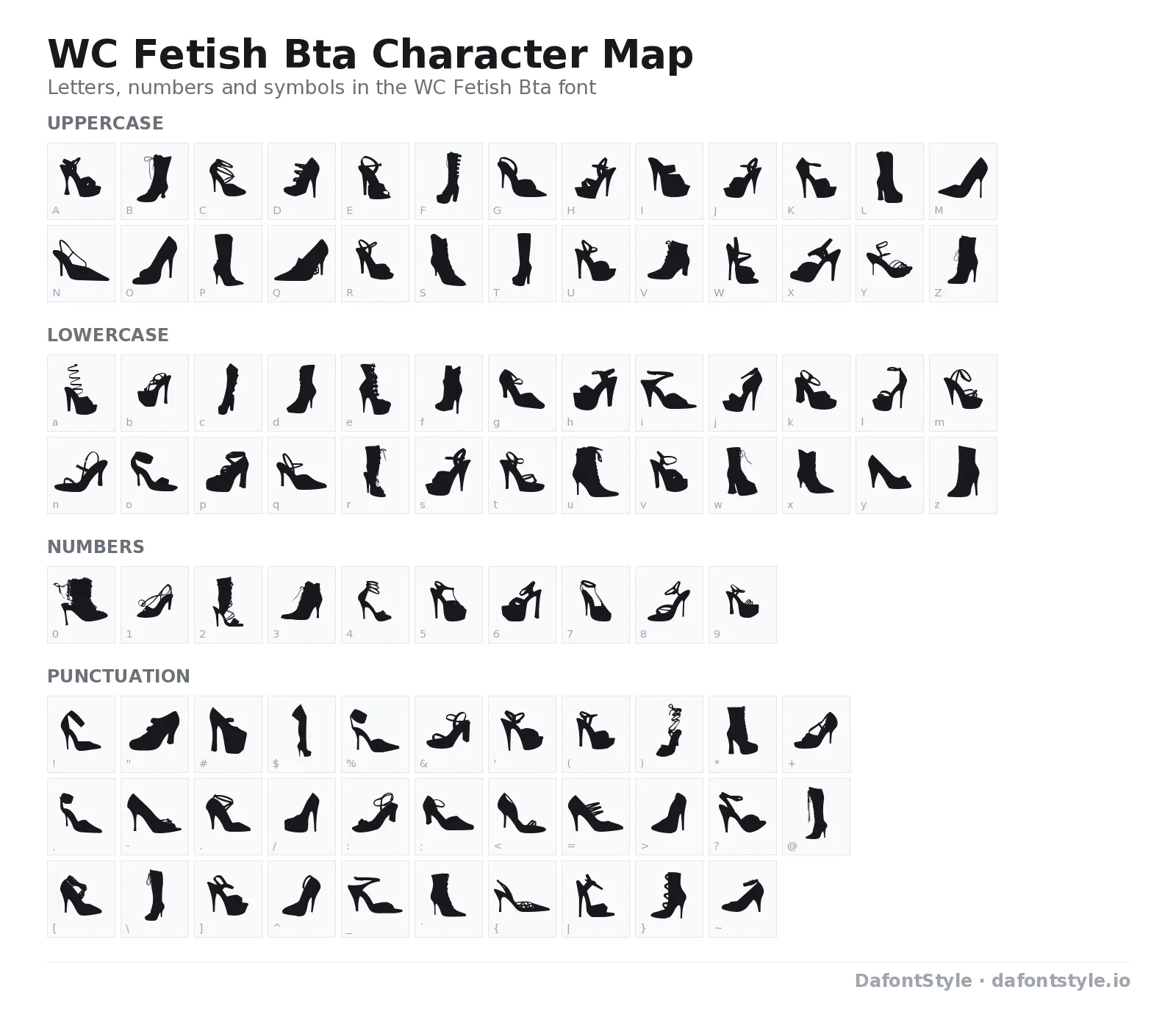 WC Fetish Bta font character map with uppercase and lowercase letters, numbers and symbols