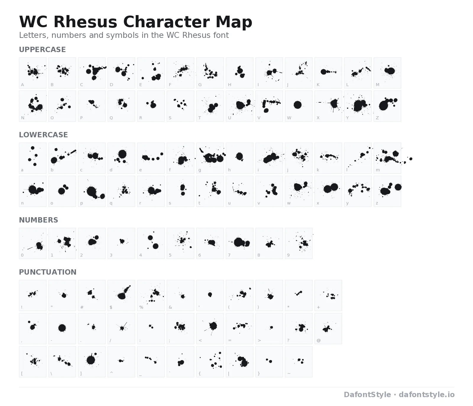 WC Rhesus font character map with uppercase and lowercase letters, numbers and symbols