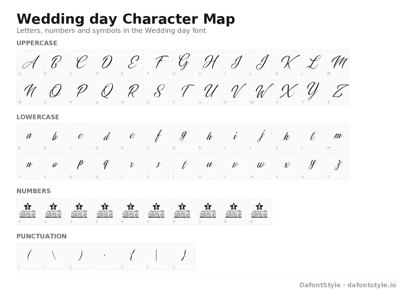 Wedding day font character map with uppercase and lowercase letters, numbers and symbols
