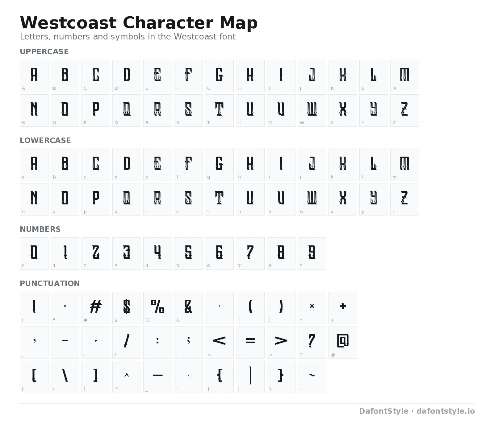 Westcoast font character map with uppercase and lowercase letters, numbers and symbols