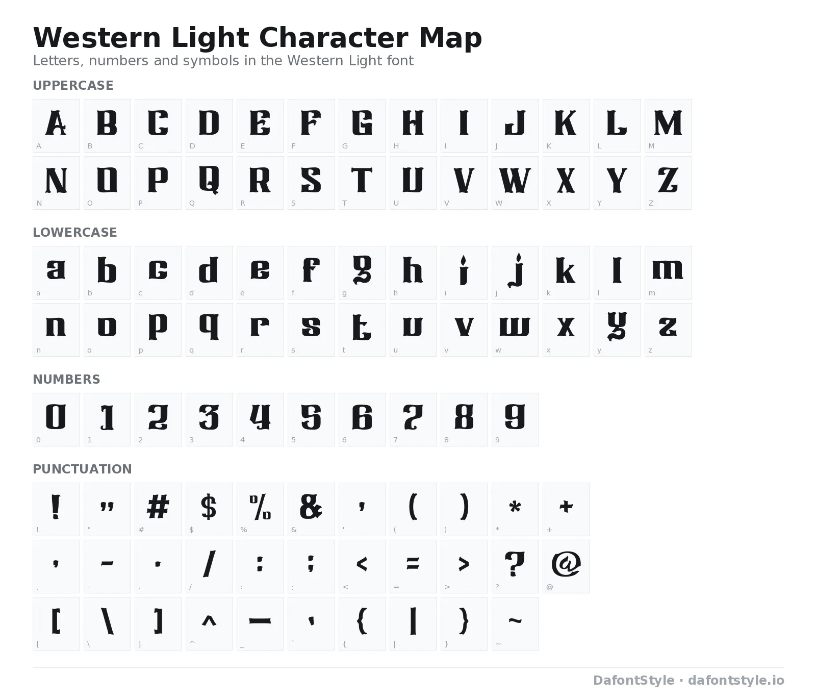 Western Light font character map with uppercase and lowercase letters, numbers and symbols