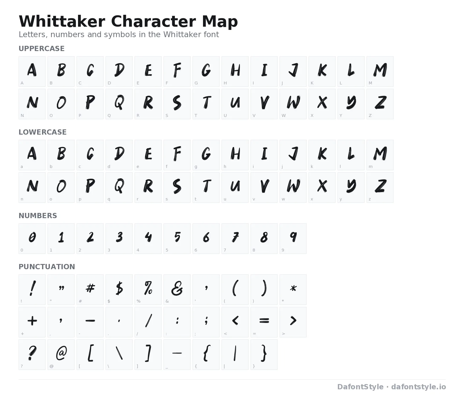 Whittaker font character map with uppercase and lowercase letters, numbers and symbols