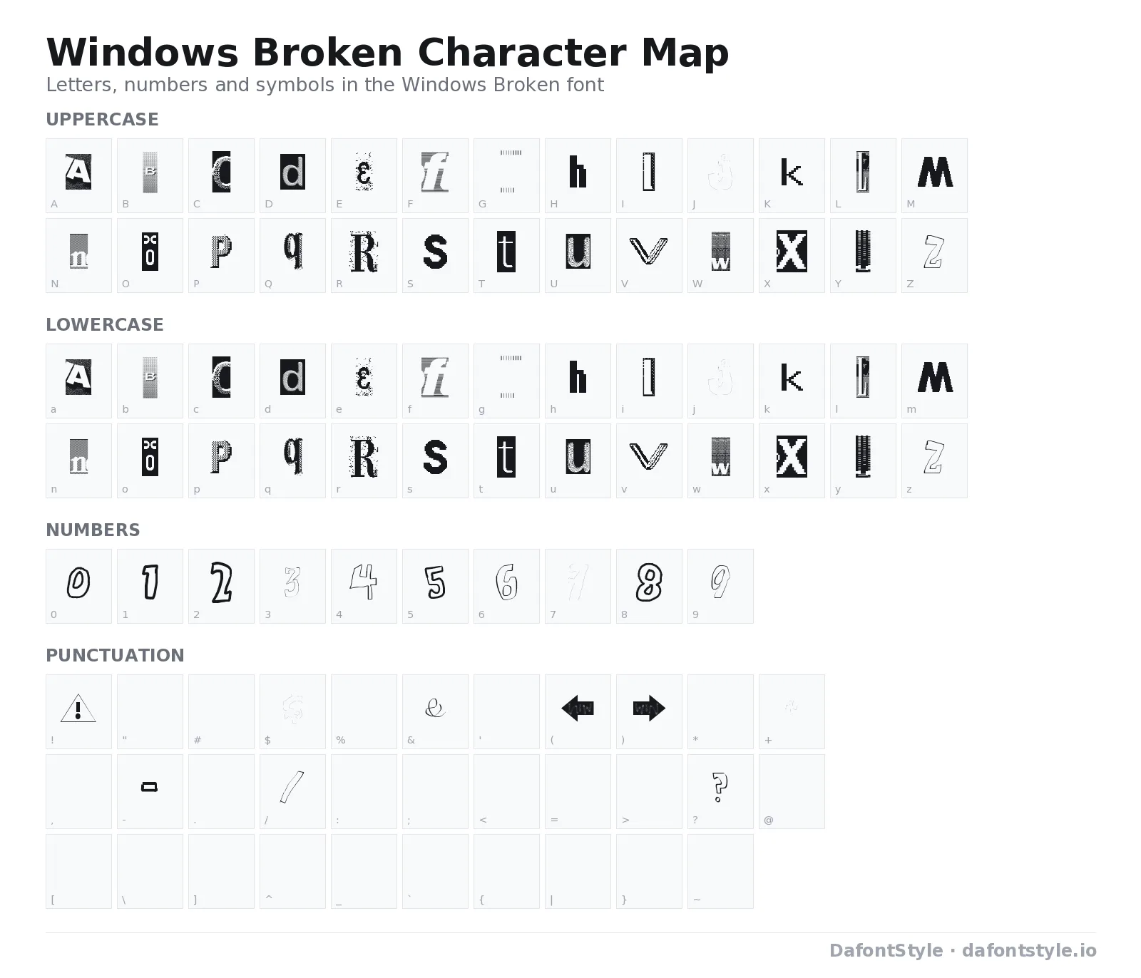 Windows Broken font character map with uppercase and lowercase letters, numbers and symbols