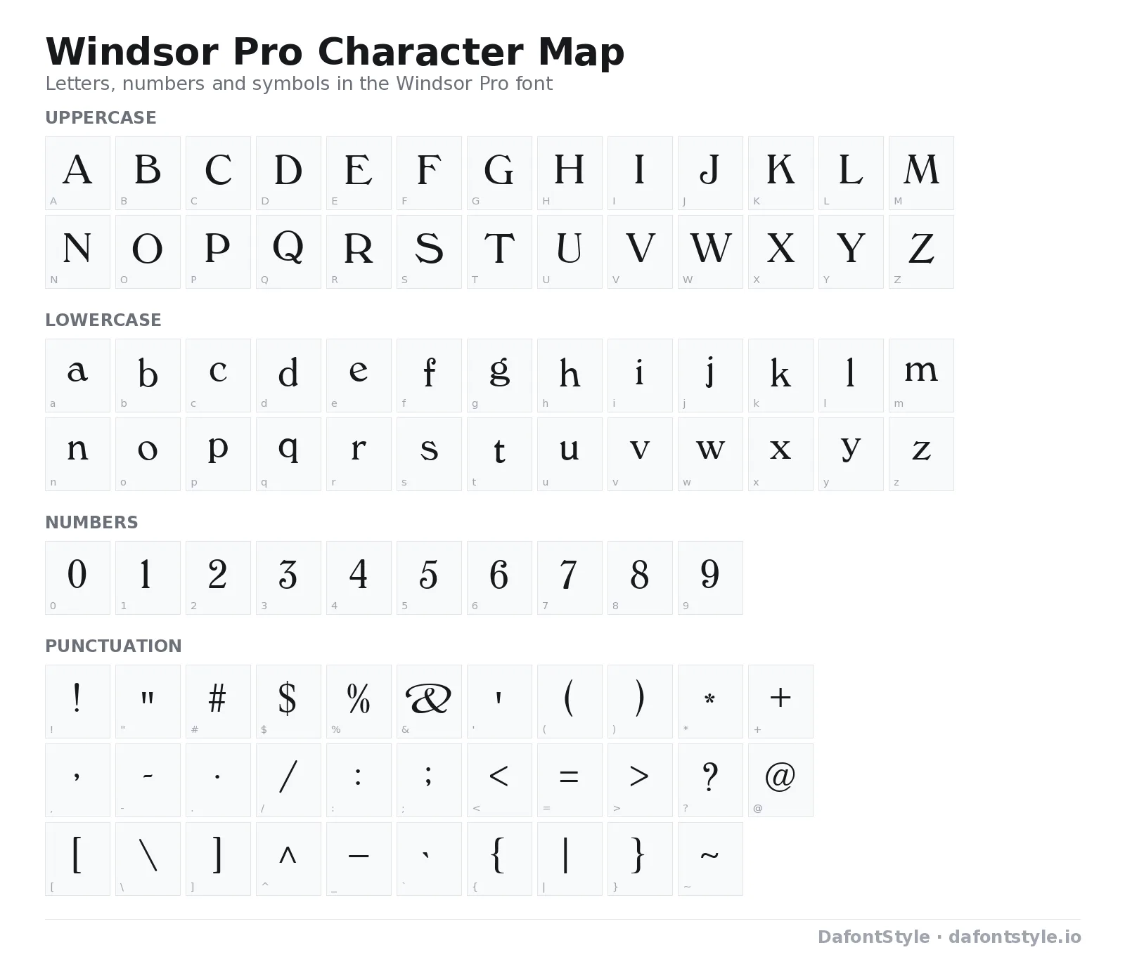 Windsor Pro font character map with uppercase and lowercase letters, numbers and symbols