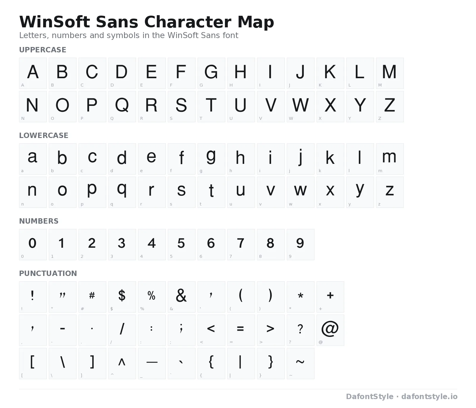 WinSoft Sans font character map with uppercase and lowercase letters, numbers and symbols