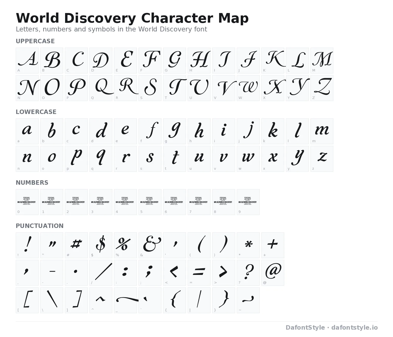 World Discovery font character map with uppercase and lowercase letters, numbers and symbols