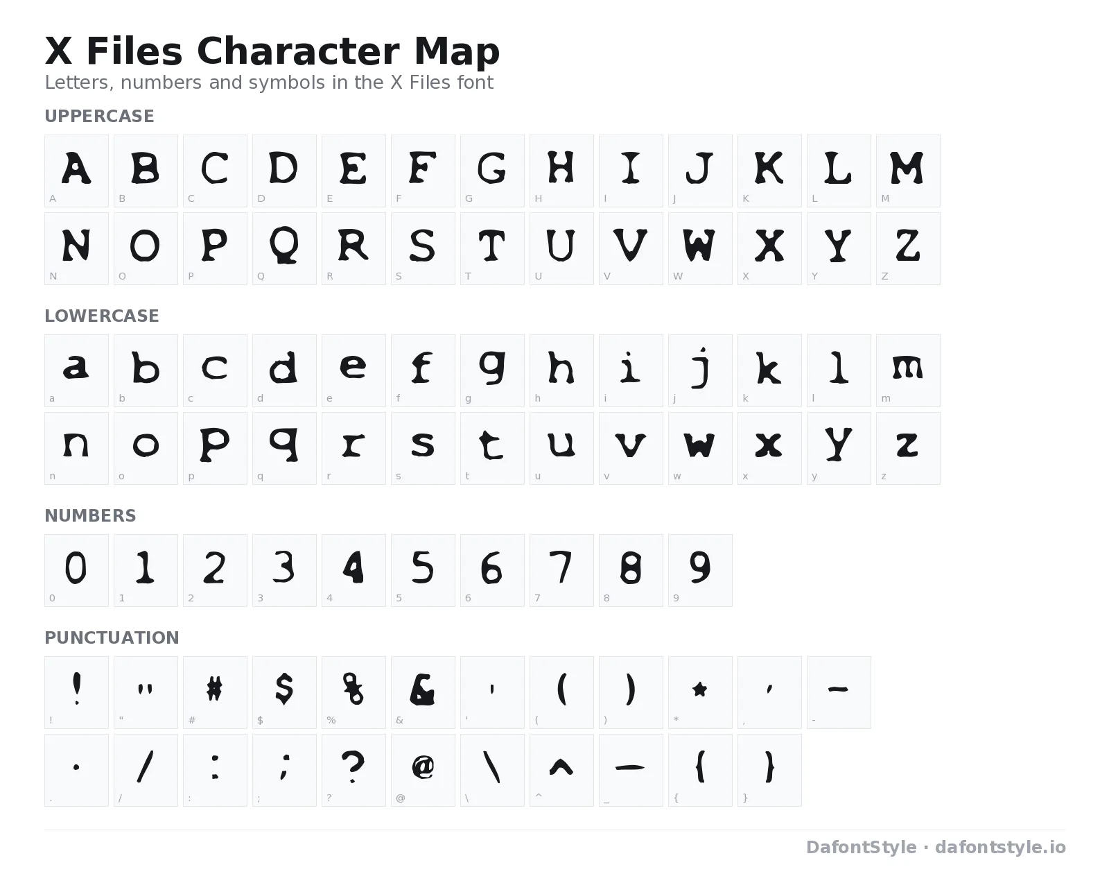 X Files font character map with uppercase and lowercase letters, numbers and symbols