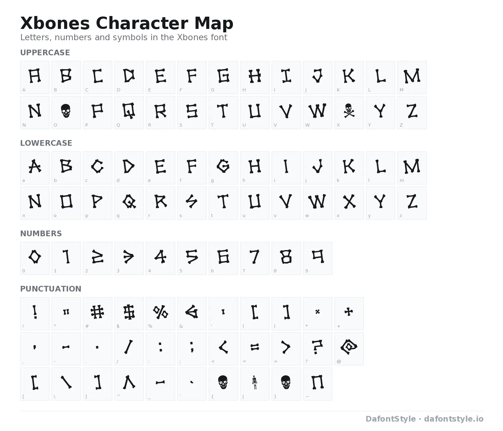 Xbones font character map with uppercase and lowercase letters, numbers and symbols