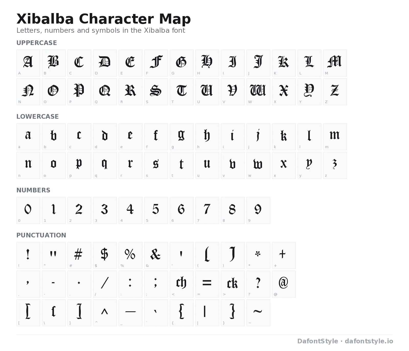 Xibalba font character map with uppercase and lowercase letters, numbers and symbols