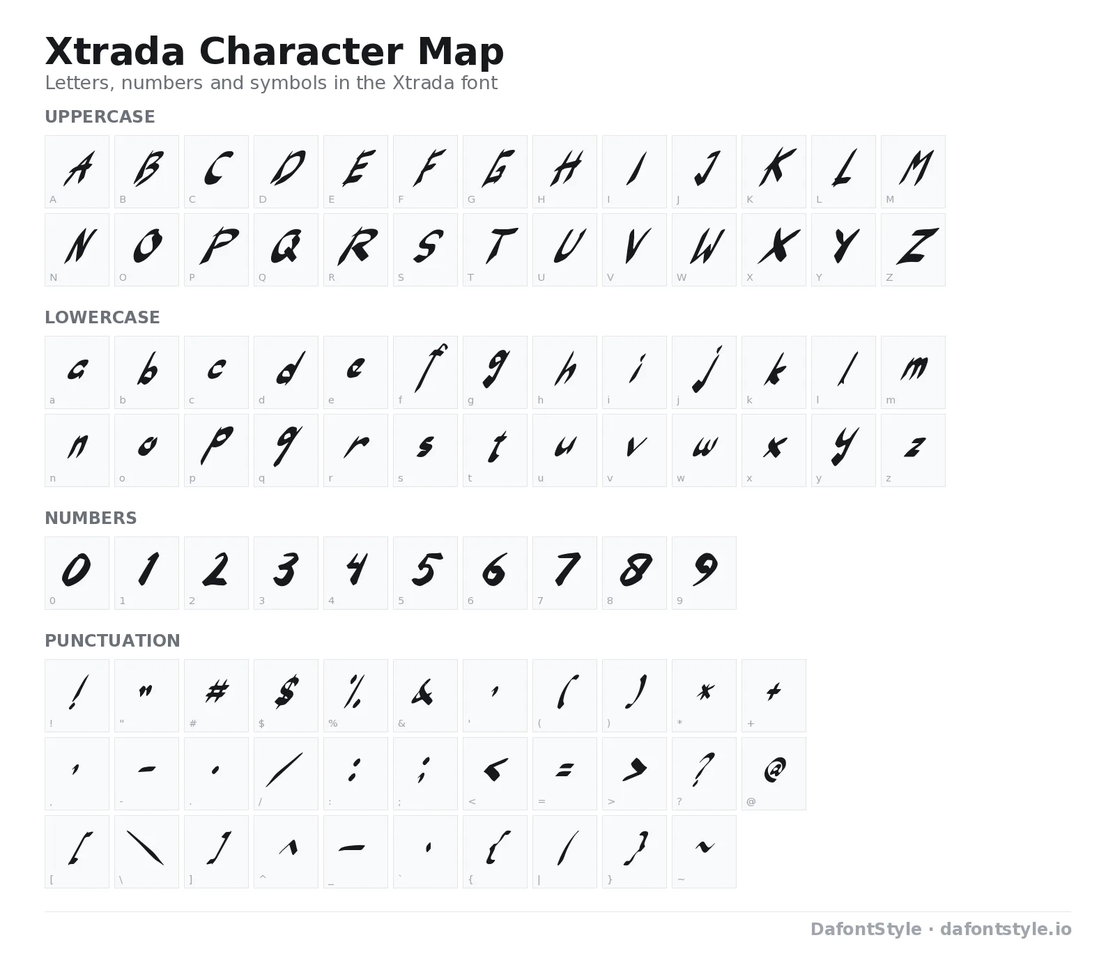 Xtrada font character map with uppercase and lowercase letters, numbers and symbols