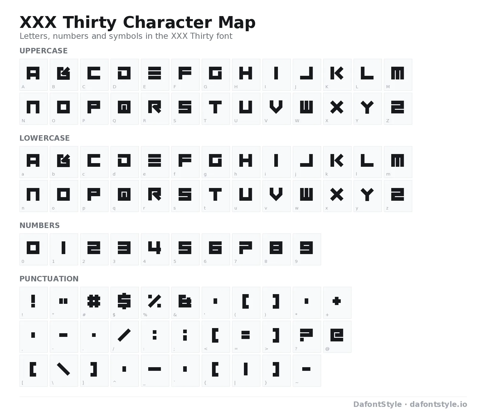 XXX Thirty font character map with uppercase and lowercase letters, numbers and symbols
