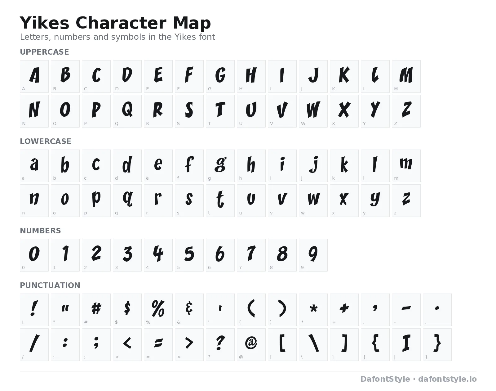 Yikes font character map with uppercase and lowercase letters, numbers and symbols