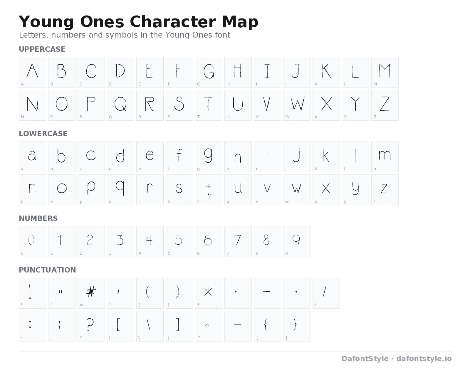 Young Ones font character map with uppercase and lowercase letters, numbers and symbols