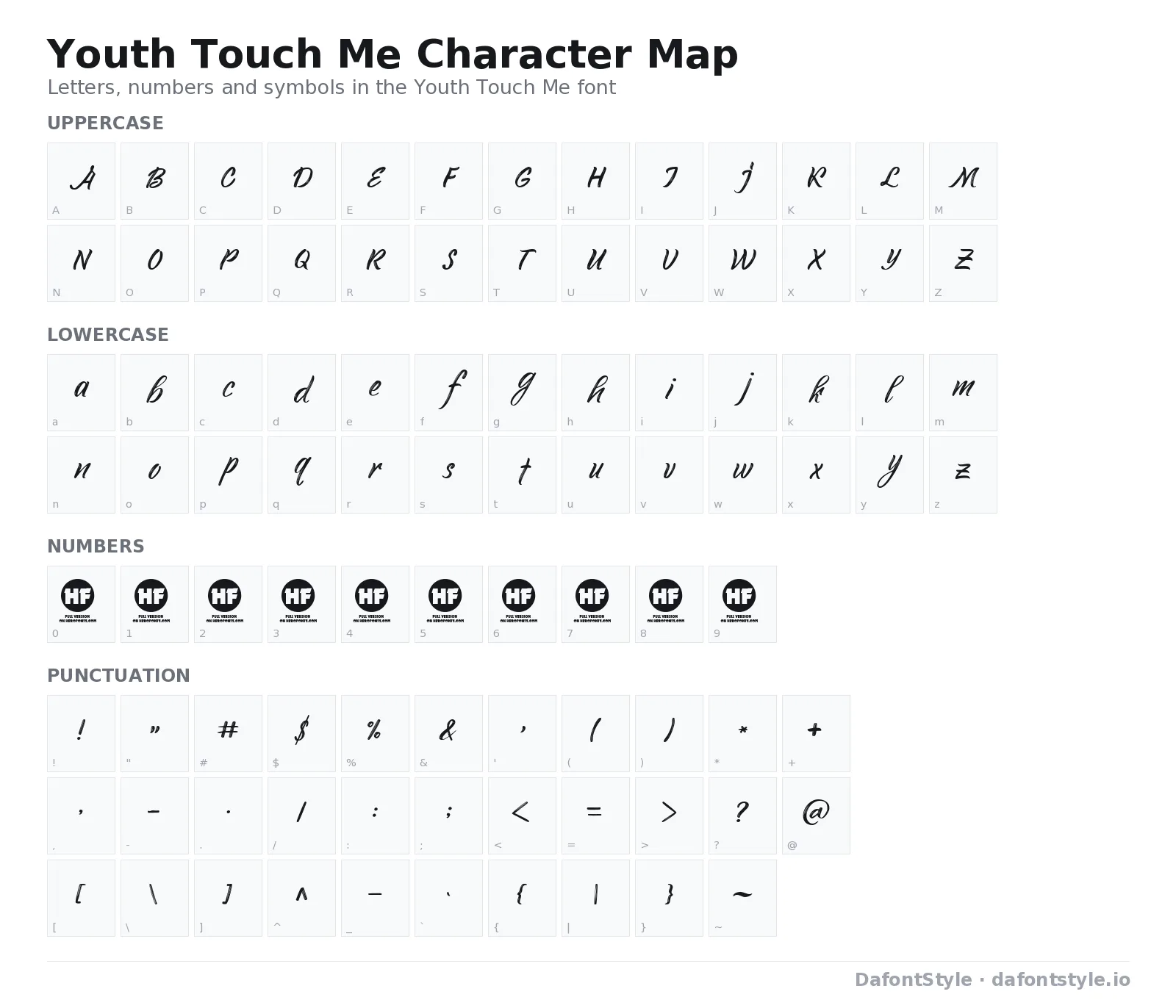 Youth Touch Me font character map with uppercase and lowercase letters, numbers and symbols