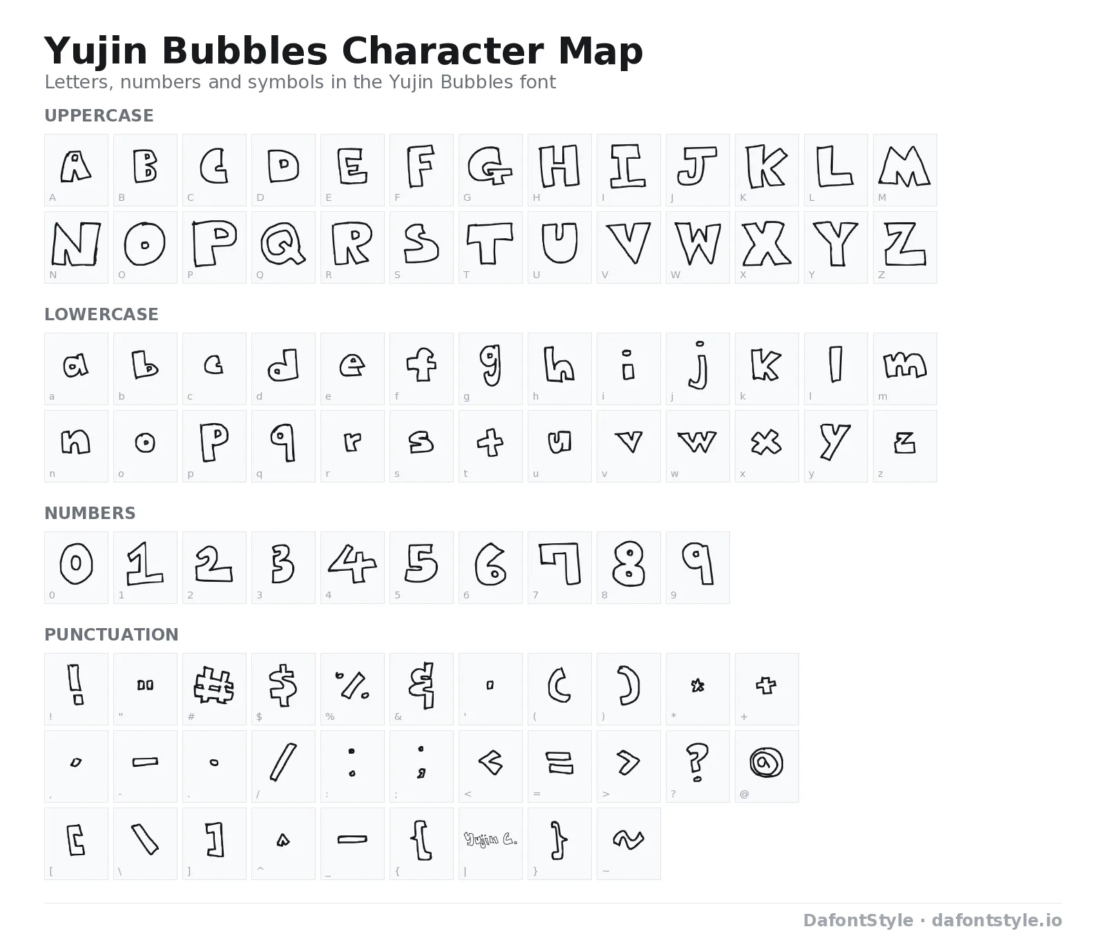 Yujin Bubbles font character map with uppercase and lowercase letters, numbers and symbols