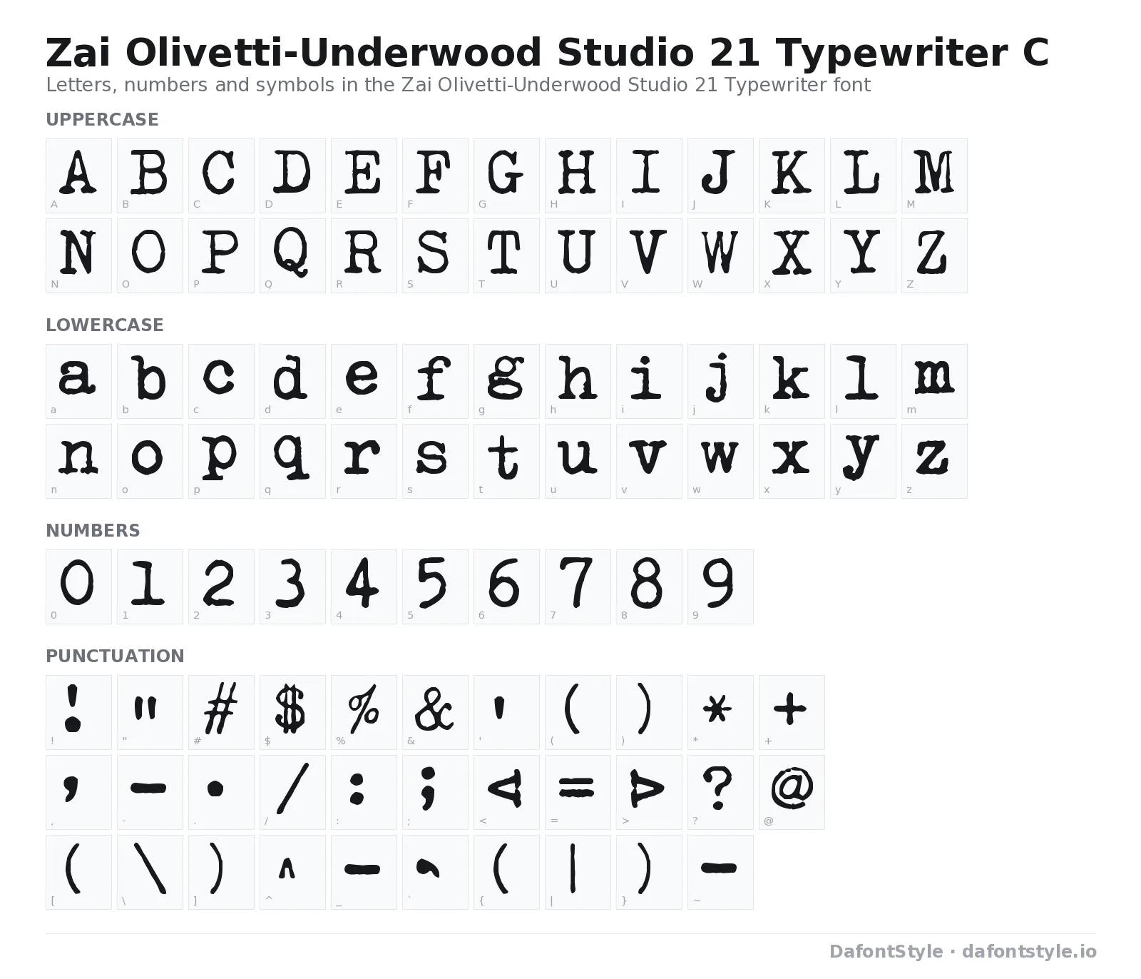 Zai Olivetti-Underwood Studio 21 Typewriter font character map with uppercase and lowercase letters, numbers and symbols