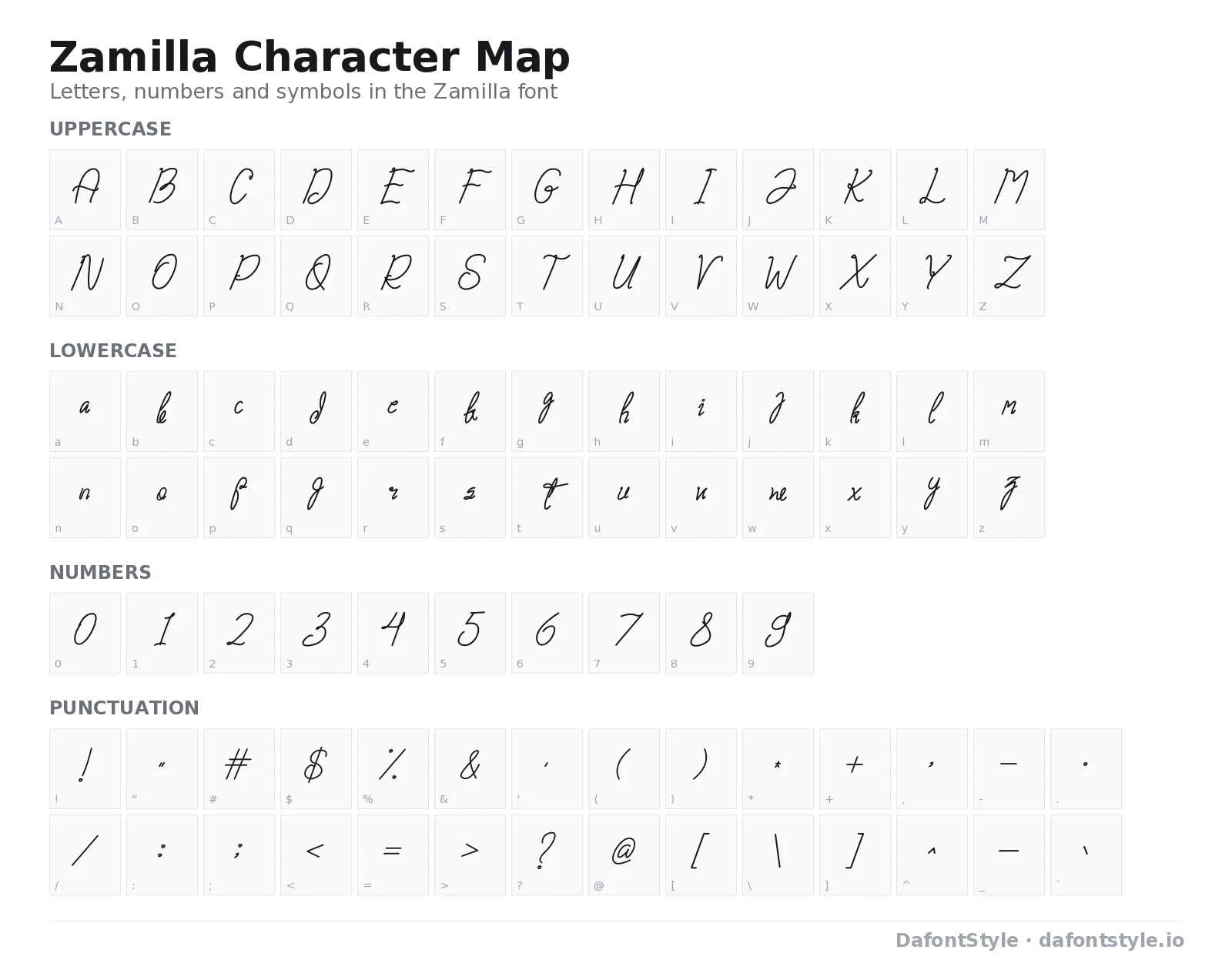 Zamilla font character map with uppercase and lowercase letters, numbers and symbols