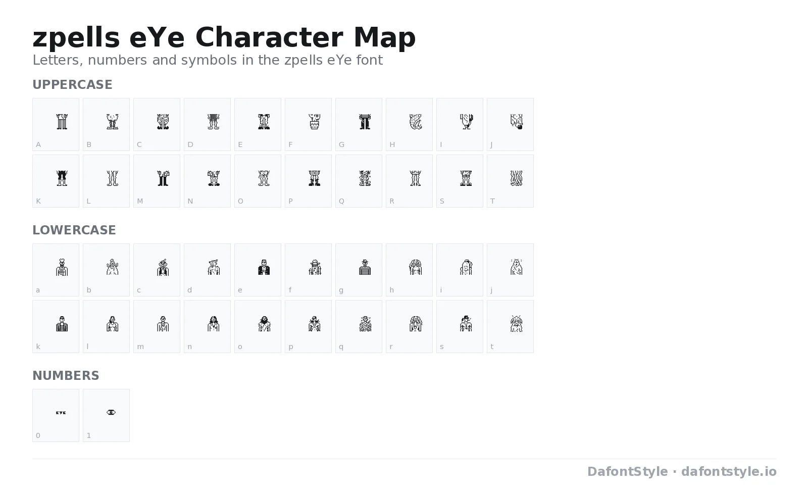 zpells eYe font character map with uppercase and lowercase letters, numbers and symbols